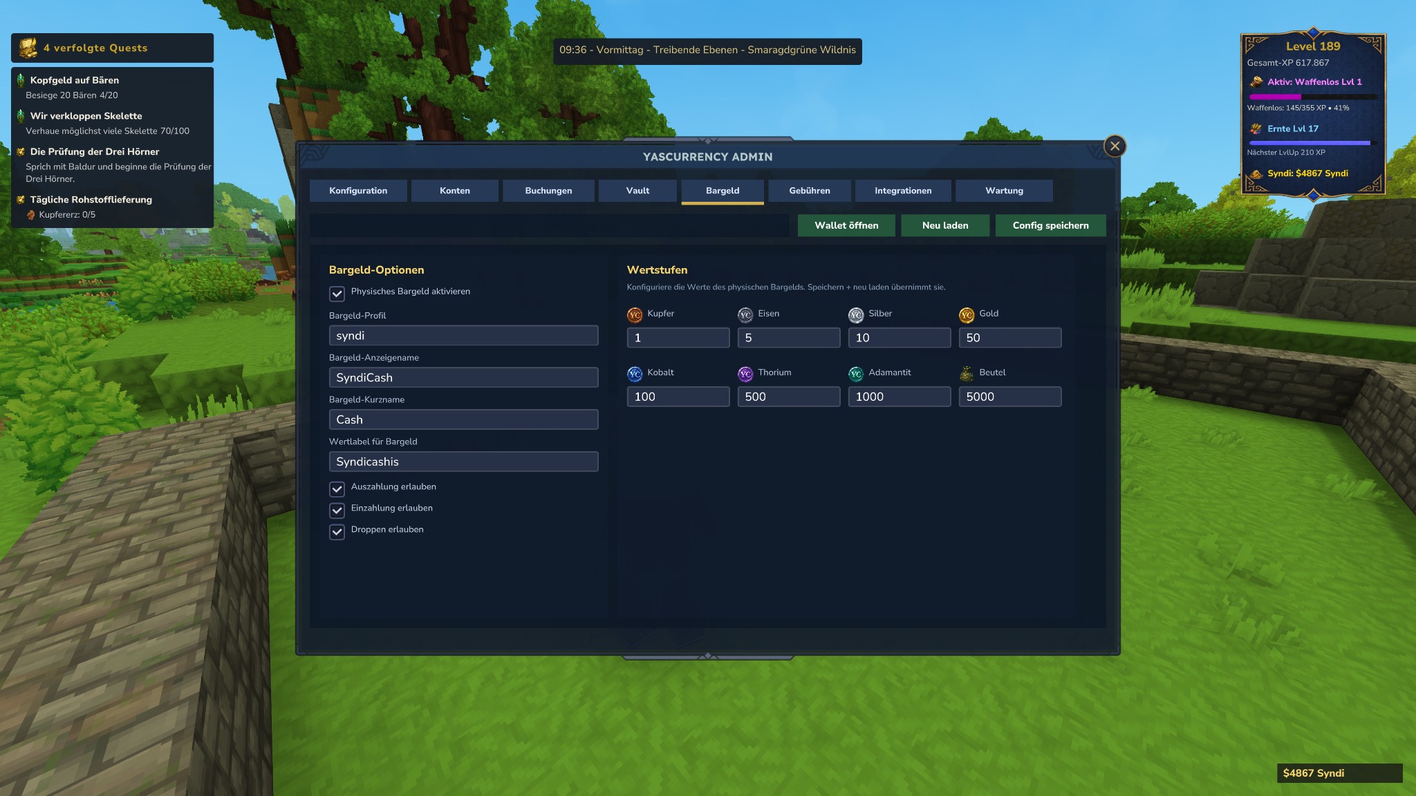 YASCurrency Admin Bargeldoptionen und Wertstufen