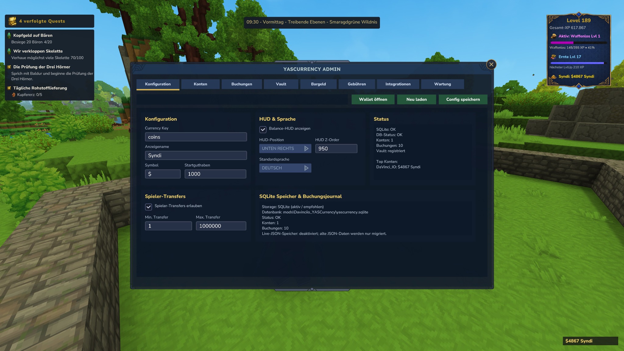 YASCurrency Admin Konfiguration mit Währung, HUD, Sprache und SQLite-Status
