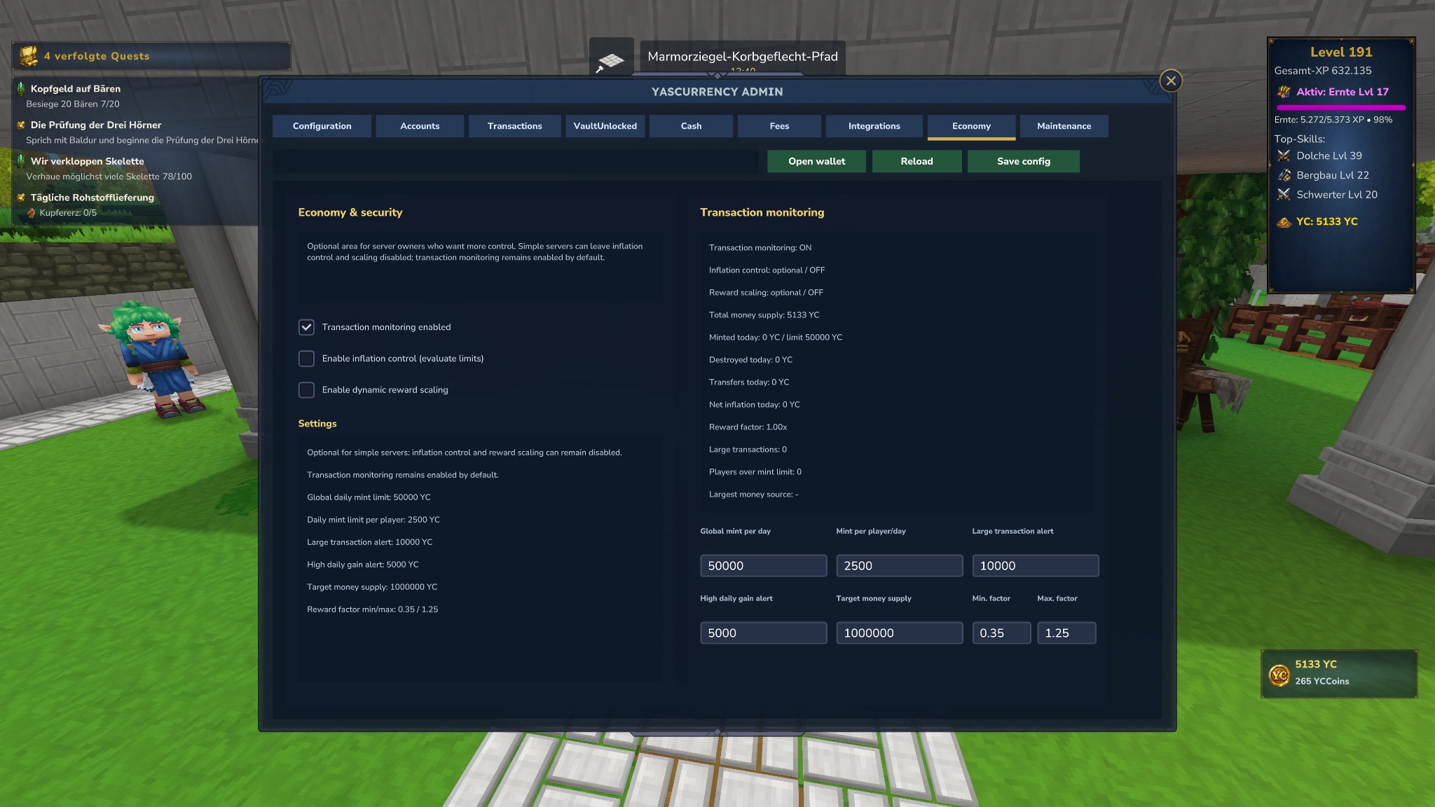 YASCurrency Admin Wirtschaft und Sicherheit mit Transaktionsüberwachung und Inflationskontrolle