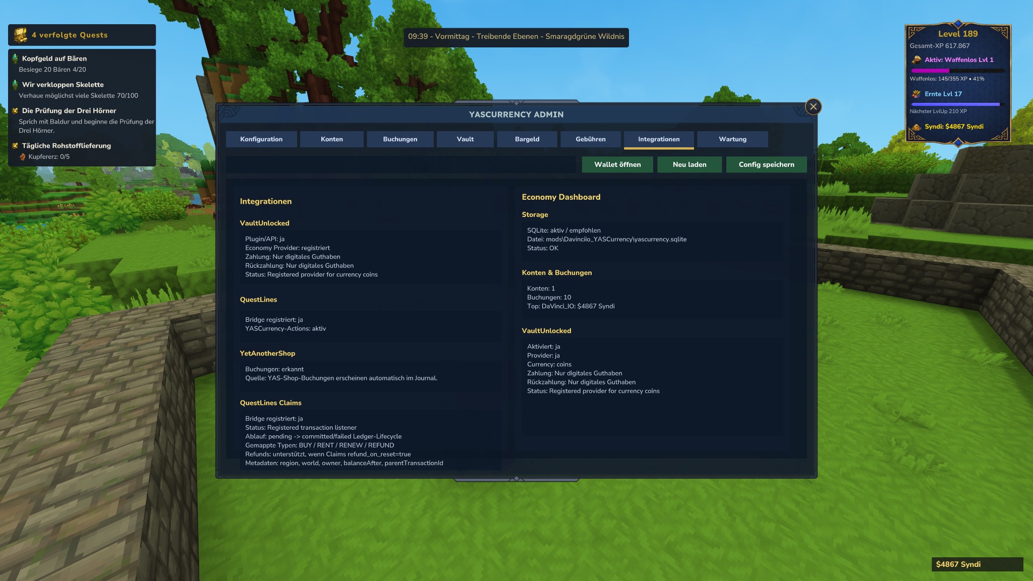 YASCurrency Admin Integrationen mit VaultUnlocked, QuestLines, YetAnotherShop und Claims