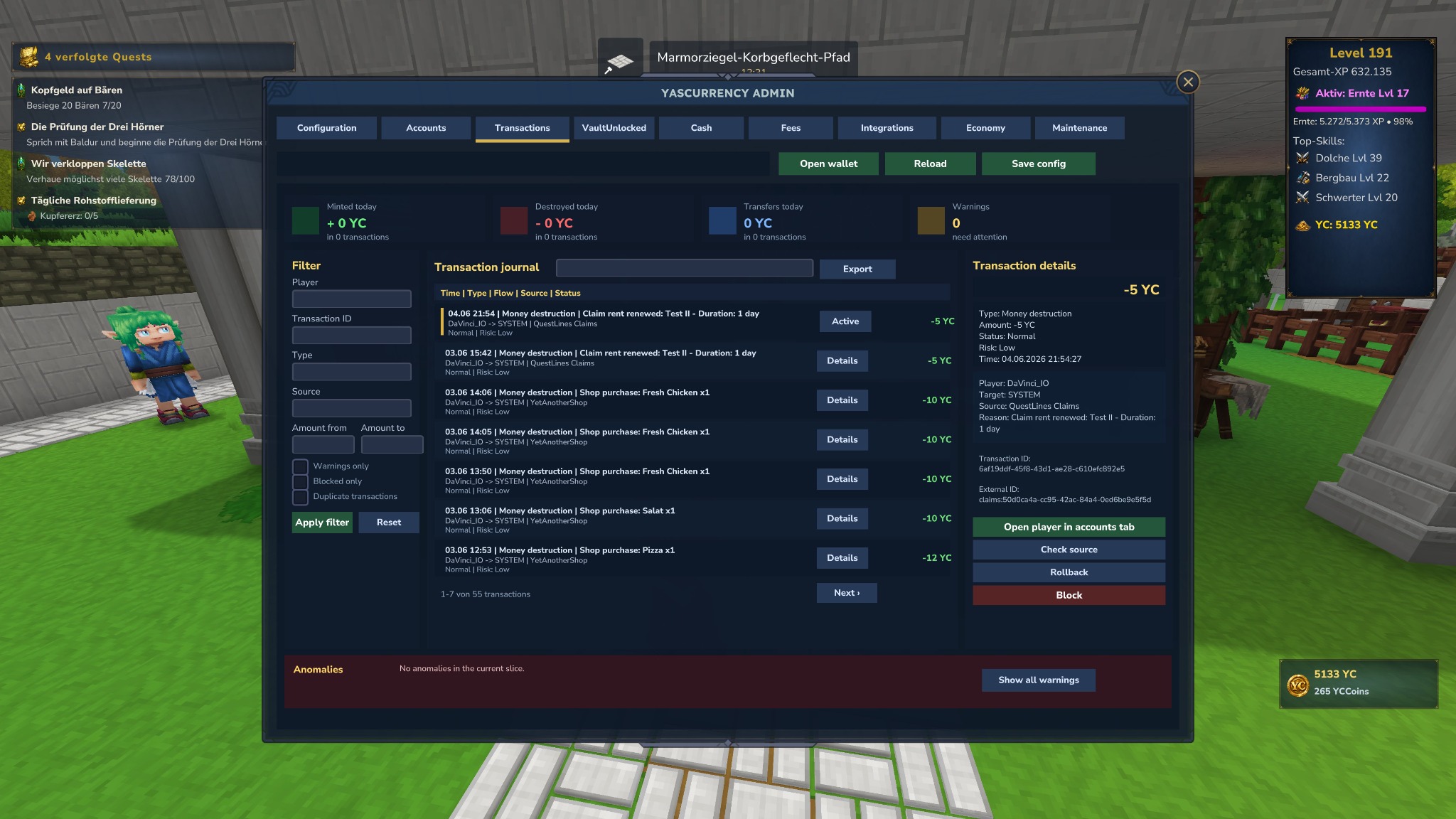 YASCurrency Admin Transaktionsüberwachung mit Details, Rückbuchung, Sperren und Journal