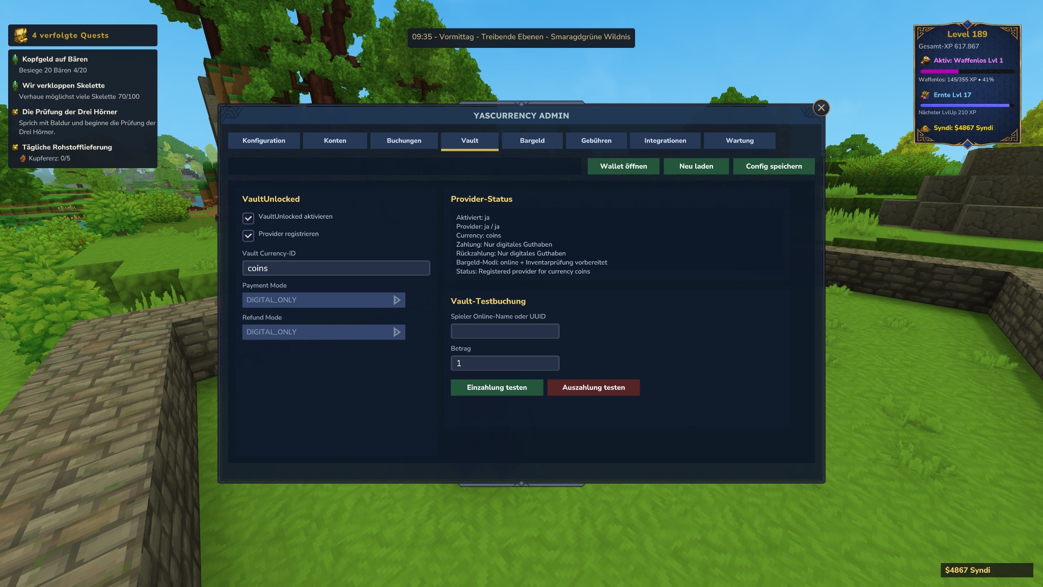 YASCurrency Admin VaultUnlocked Provider und Testbuchung