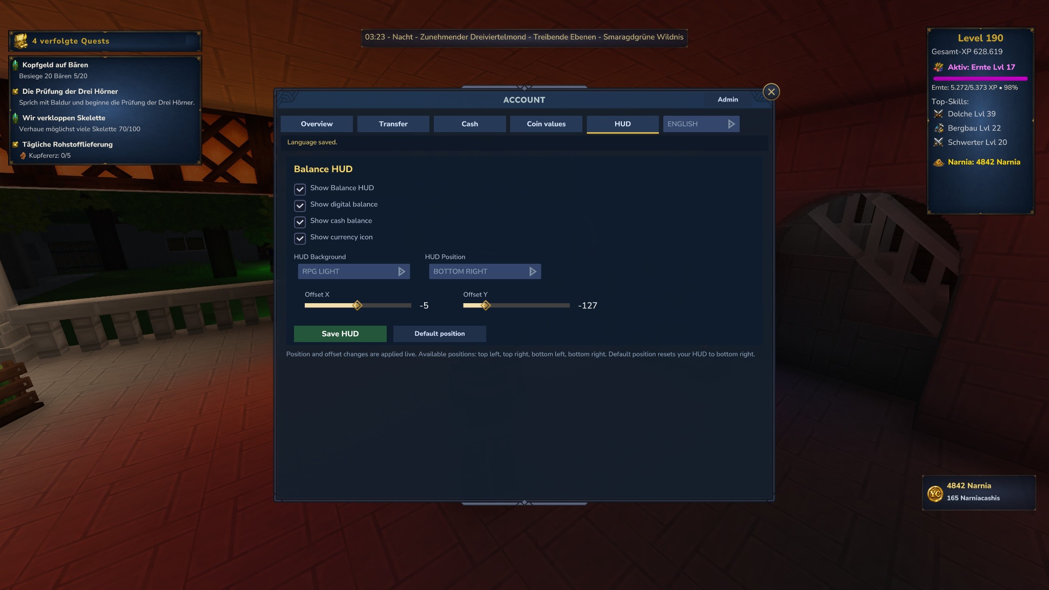 YASCurrency Wallet HUD Tab mit Balance HUD Einstellungen, Position, Offset und Hintergrundauswahl