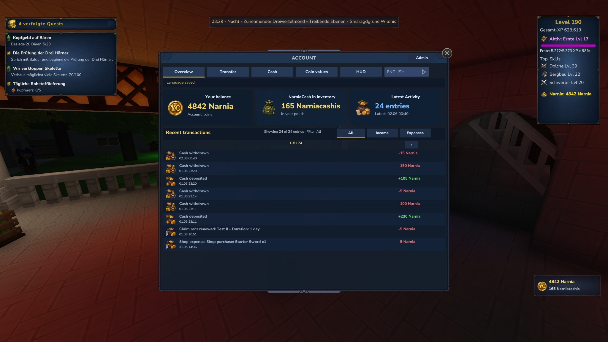 YASCurrency Kontoübersicht mit Guthaben, Bargeld, Aktivität, HUD und Transaktionsliste